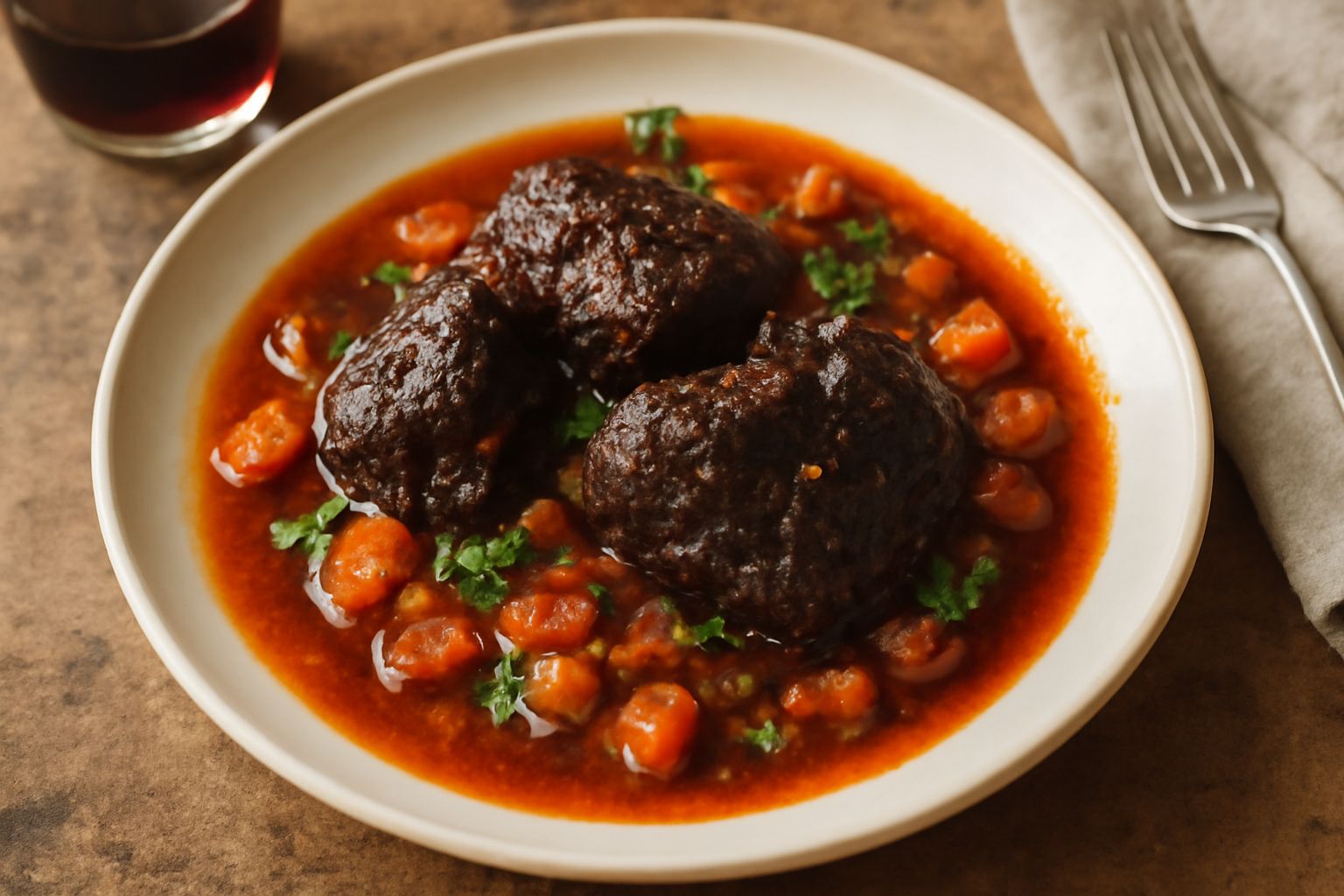 Brasato di carne marrone scuro in un piatto bianco con sugo rosso scuro, circondato da fette di carota arancione e sedano bianco, coperto di prezzemolo fresco verde