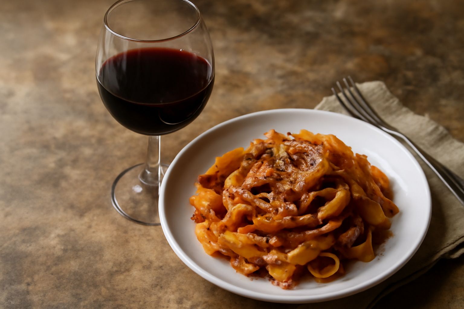 Bicchiere di vino rosso di Assisi dai riflessi granato, accanto a una bottiglia, con sfondo di olive verdi e pane toscano su tavolo di legno