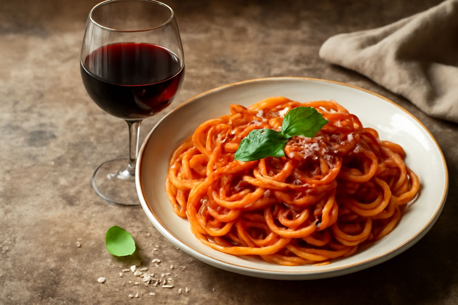 Bicchiere di cristallo con vino rosso profondo di colore granato, servito su tavolo in legno accanto a una bottiglia di Bolgheri, con pane toscano e affettati sullo sfondo