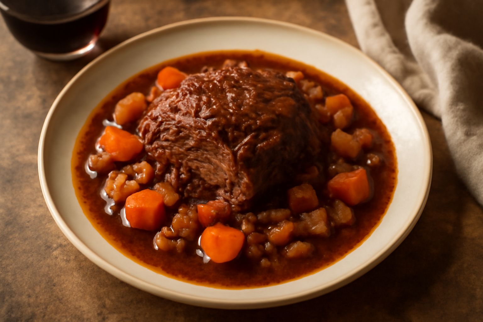 Brasato di manzo al vino rosso in pentola di terracotta scura, con verdure radici morbide, salsa lucida e marrone intenso, accompagnato da bicchiere di vino rosso Cosenza