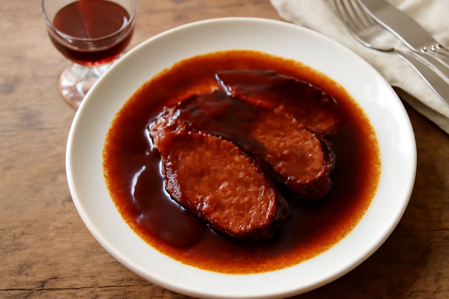 Bicchiere di vino Marsala rosso scuro, quasi granato, accanto a una pentola di rame con sugo in cottura, vapore che sale, fondo sfocato con aglio e rosmarino