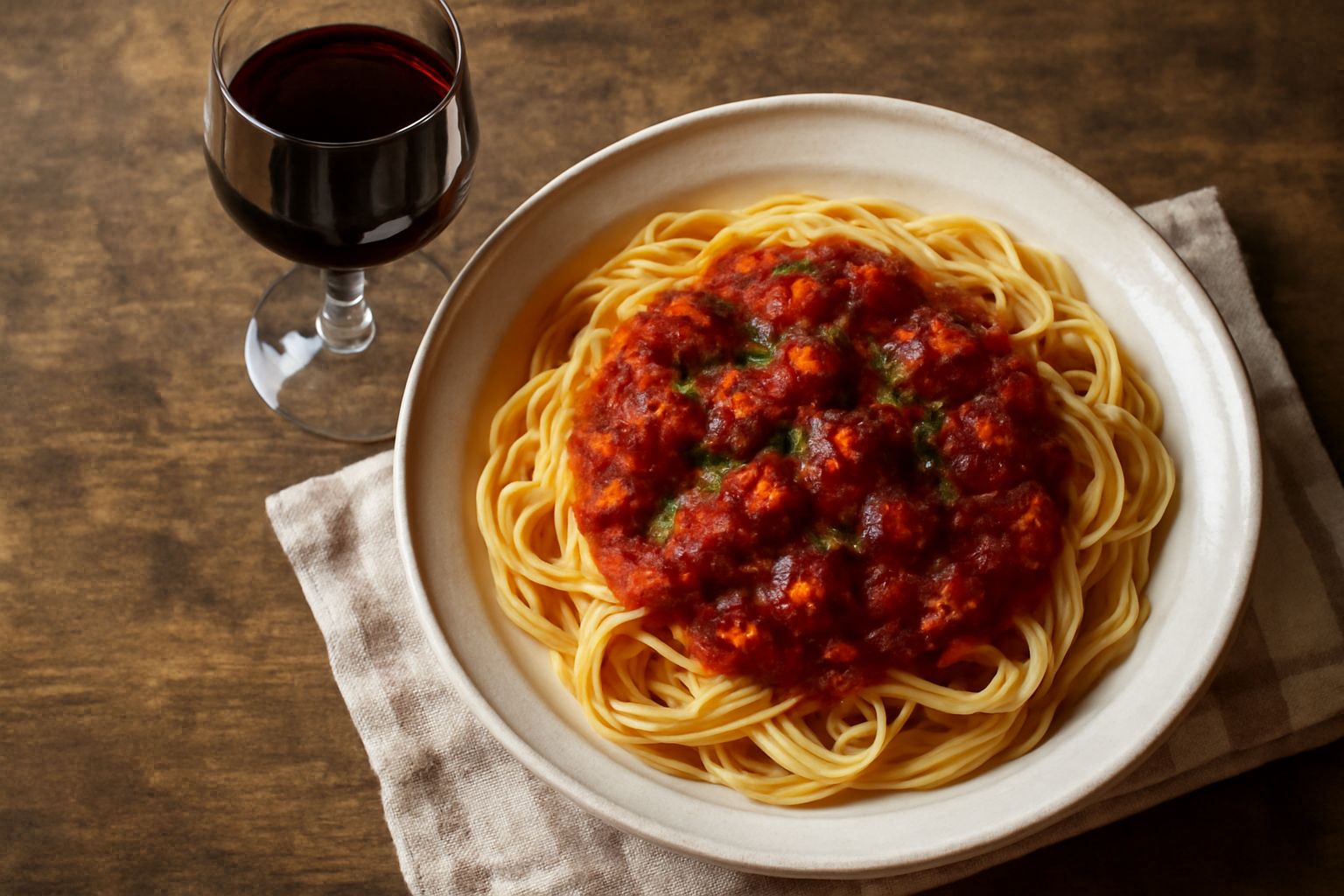 Bicchiere di vino rosso di Mondragone con riflessi granata, accanto a una bottiglia scura e un piatto di pasta al ragù fumante su fondo di legno