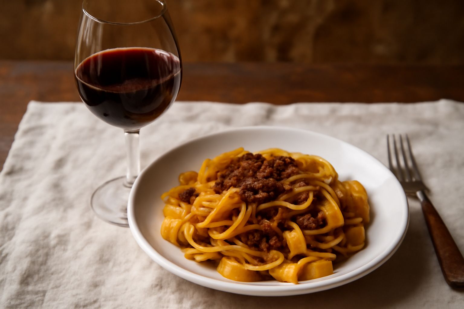Bicchiere di vino rosso scuro, quasi porpora, con riflessi granata, versato in calice di vetro trasparente, con sfondo sfocato di una tavola con piatti di carni rosse