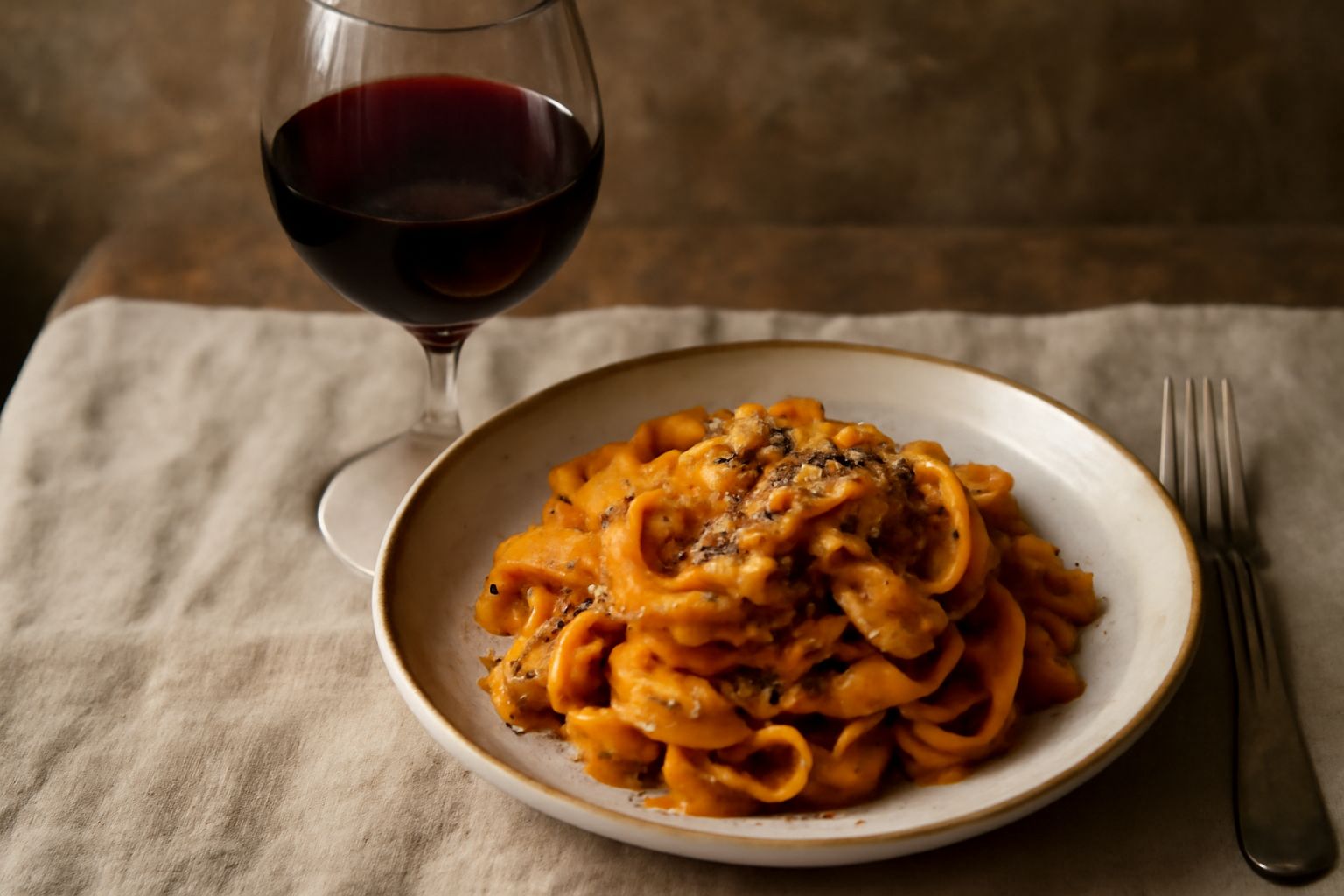 Calice di vino rosso rubino con sfumature granato su tavolo di legno, accompagnato da uva nera e grappoli di Vitis vinifera