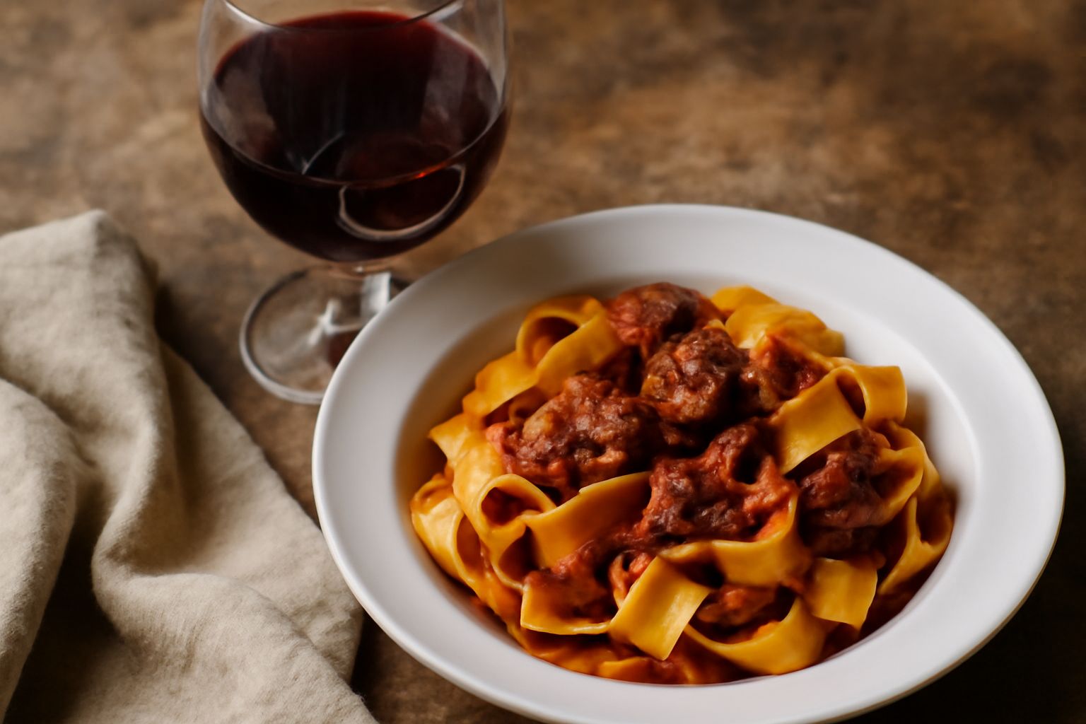Bicchiere di vino rosso scuro riempito a mezza altezza, posato su tavolo di legno con bottiglia di vino sullo sfondo leggermente sfuocata e grappoli d uva nera accanto