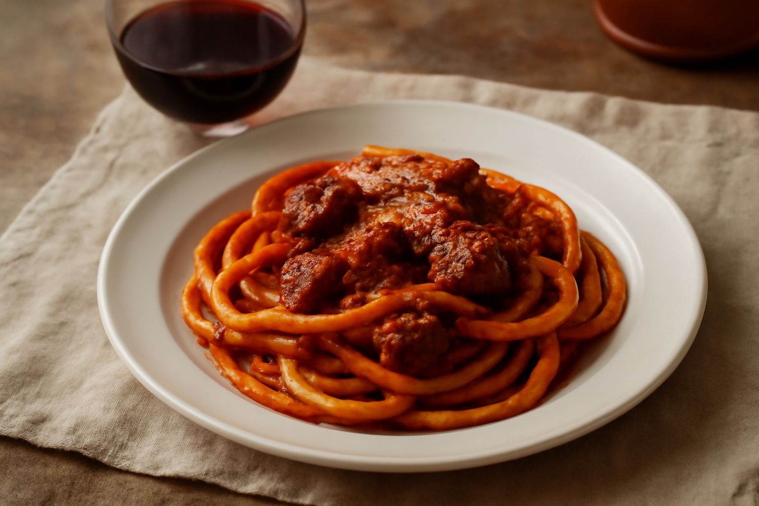 Bicchiere di vino rosso trasparente con riflessi granata, accanto a una bottiglia di vino scuro su fondo di legno invecchiato e uva nera