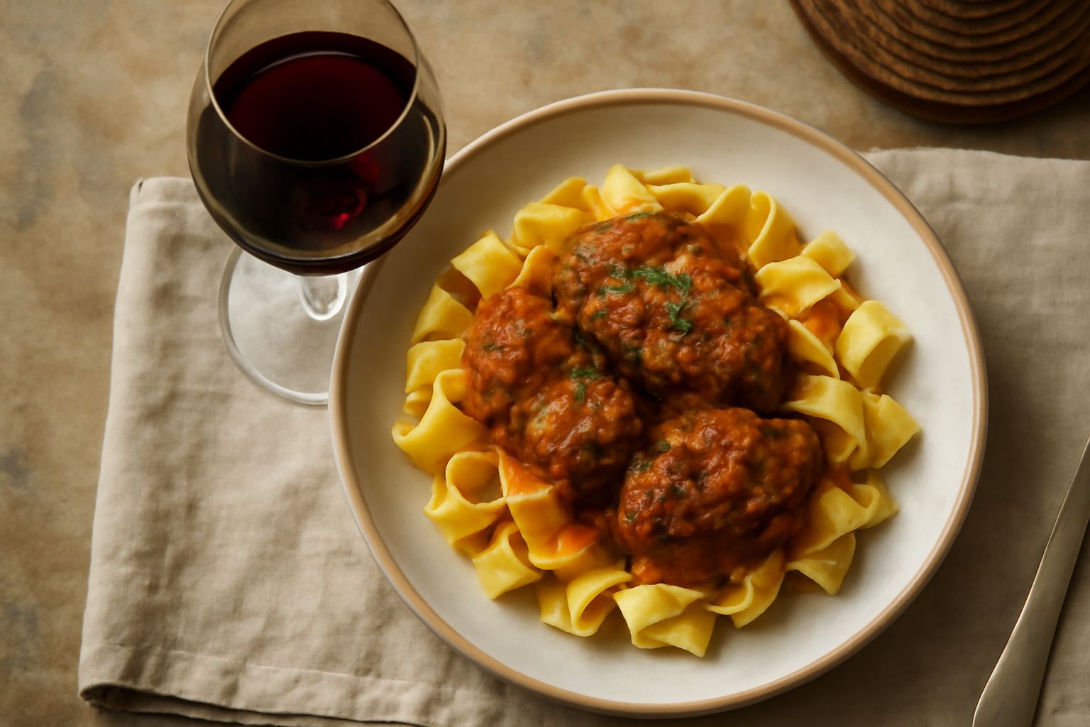 Bicchiere di vino rosso rubino con riflessi granato, servito a tavola accanto a un piatto di pasta al ragù e pane toscano, con sfondo di colline toscane sfuocate