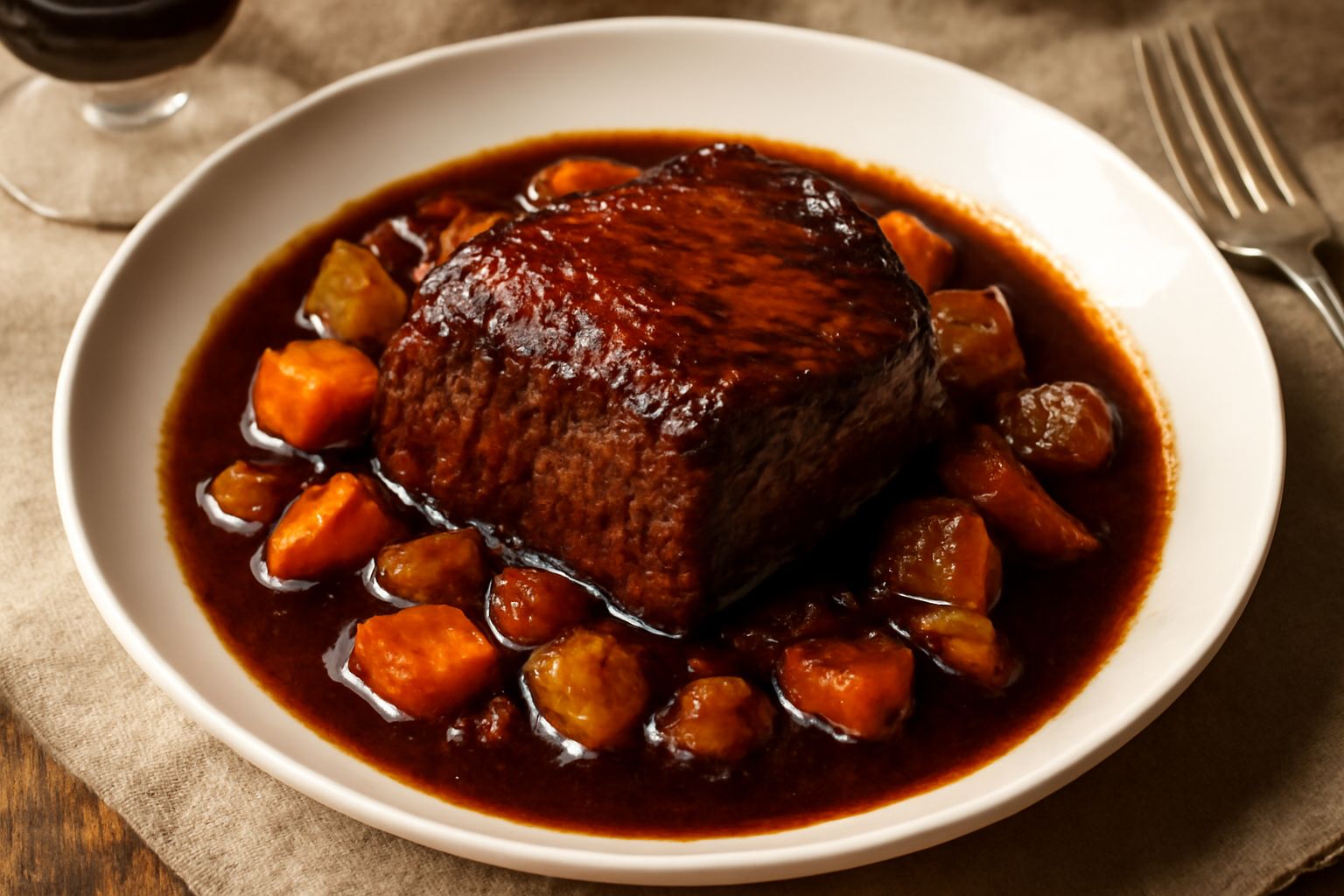 Piatto di carne brasata marrone scuro con ossa visibili, ricoperta di salsa lucida color rosso vinaccia, con carota e sedano cotti intorno, servito su piatto bianco fondo con bicchiere di vino rosso s