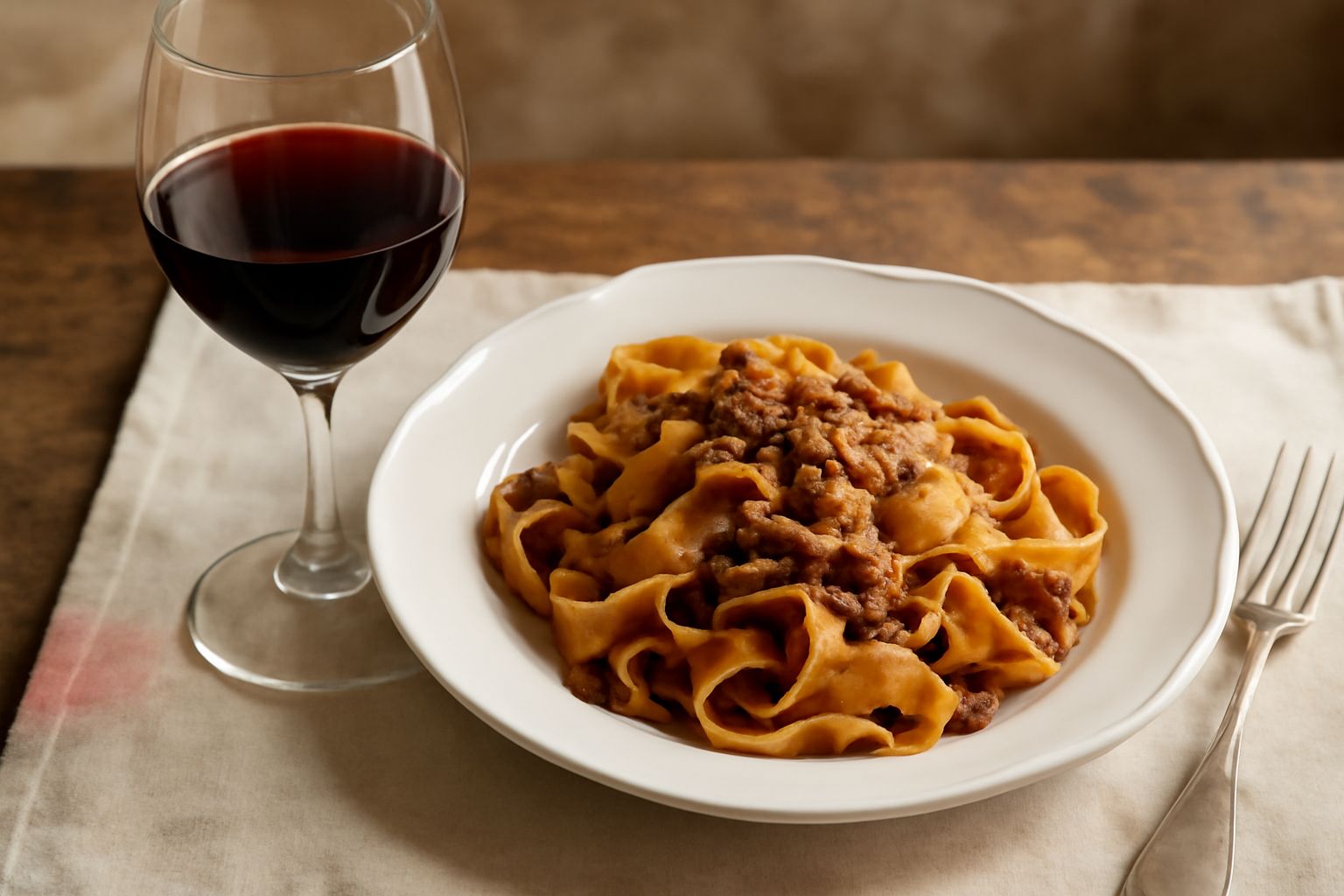 Bicchiere di vino rosso toscano servito in calice a stelo trasparente, con sfumature rubino e granato, accanto a una bottiglia scura su tavolo di legno con pane toscano e affettati