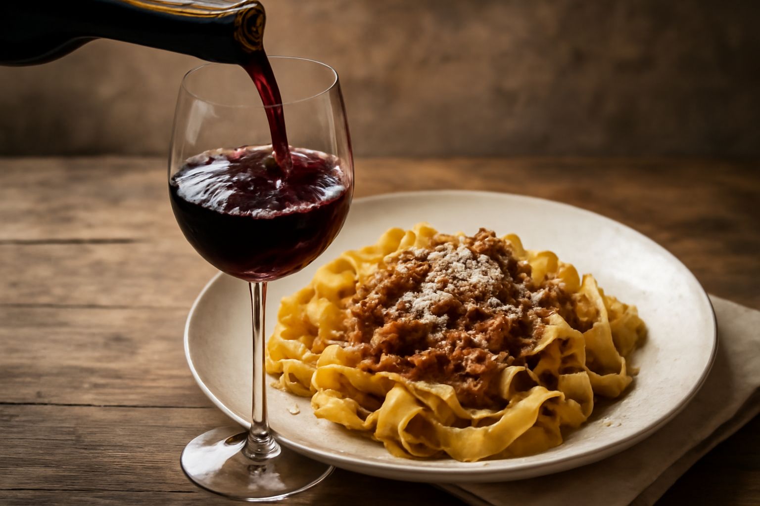 Bicchiere di vino rosso Valtellina con riflessi granata, accanto a un piatto di brasato in salsa scura, con verdure arrostite e rosmarino fresco su sfondo di pietra grigia
