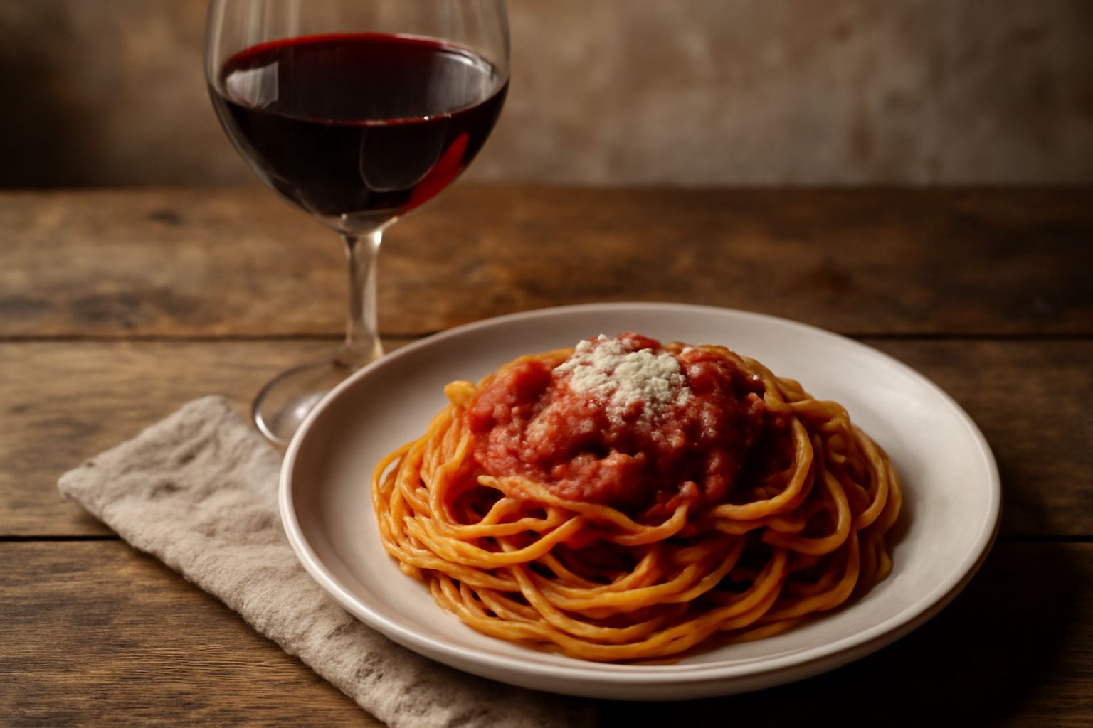 Bicchiere di vino rosso con riflessi granati su tavolo di legno rustico, accanto a un piatto di salumi e formaggi calabresi, con sfondo sfocato di vigneto collinare
