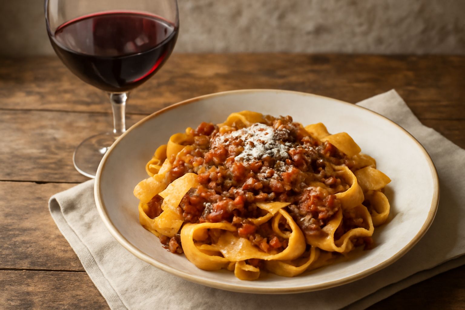 Bicchiere di vino rosso Donnas dal colore granato intenso, con sfumature violacee, poggiato accanto a una bottiglia scura su legno naturale, luci calde da candela sullo sfondo