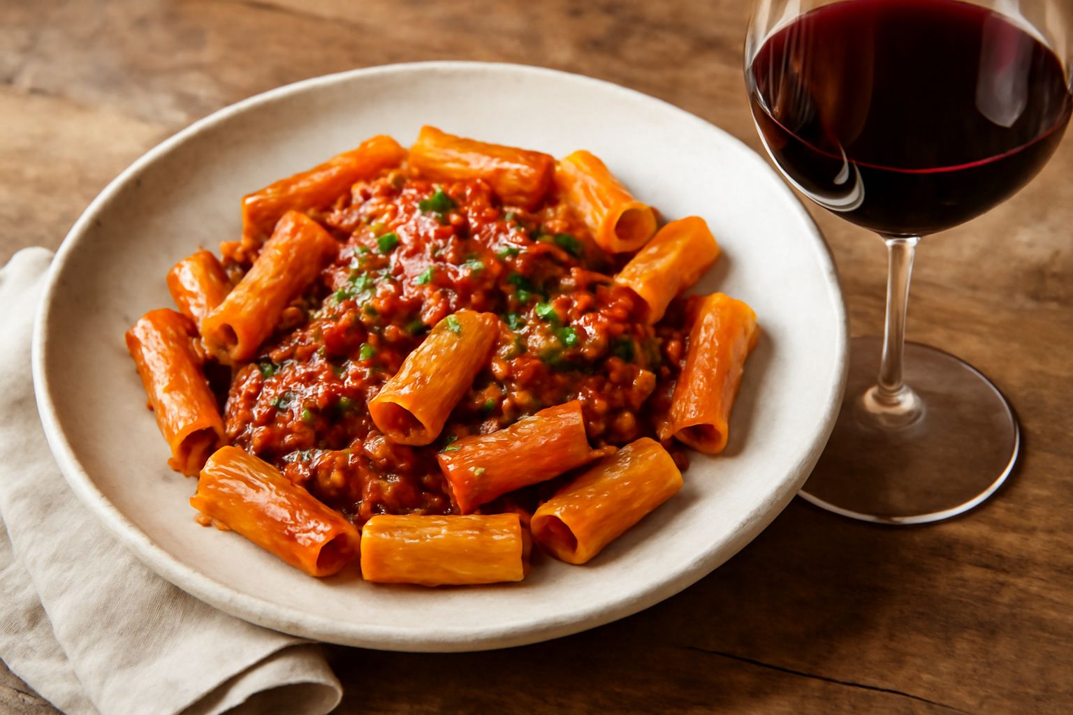 Bicchiere di vino rosso Salice Salentino con riflessi granato, posato accanto a piatto con arrosto di manzo sfumato, su tavolo di legno naturale