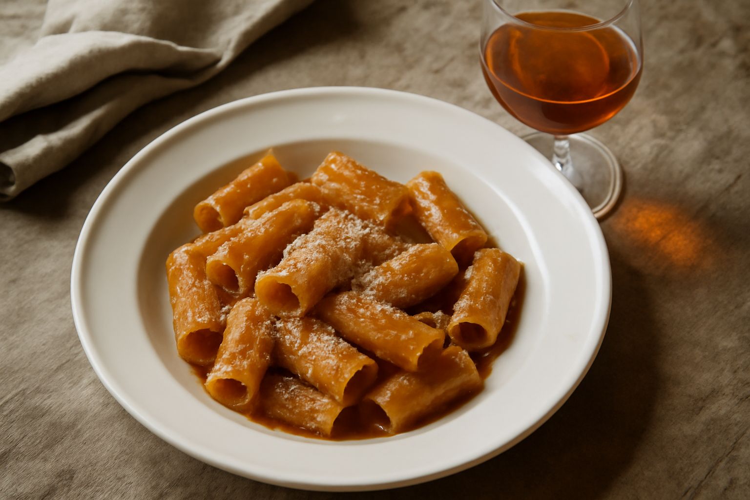 Bicchiere di Vino Santo color ambra dorato, trasparente, con riflessi di luce, accompagnato da cantucci biscotti secchi su tavolo in legno invecchiato