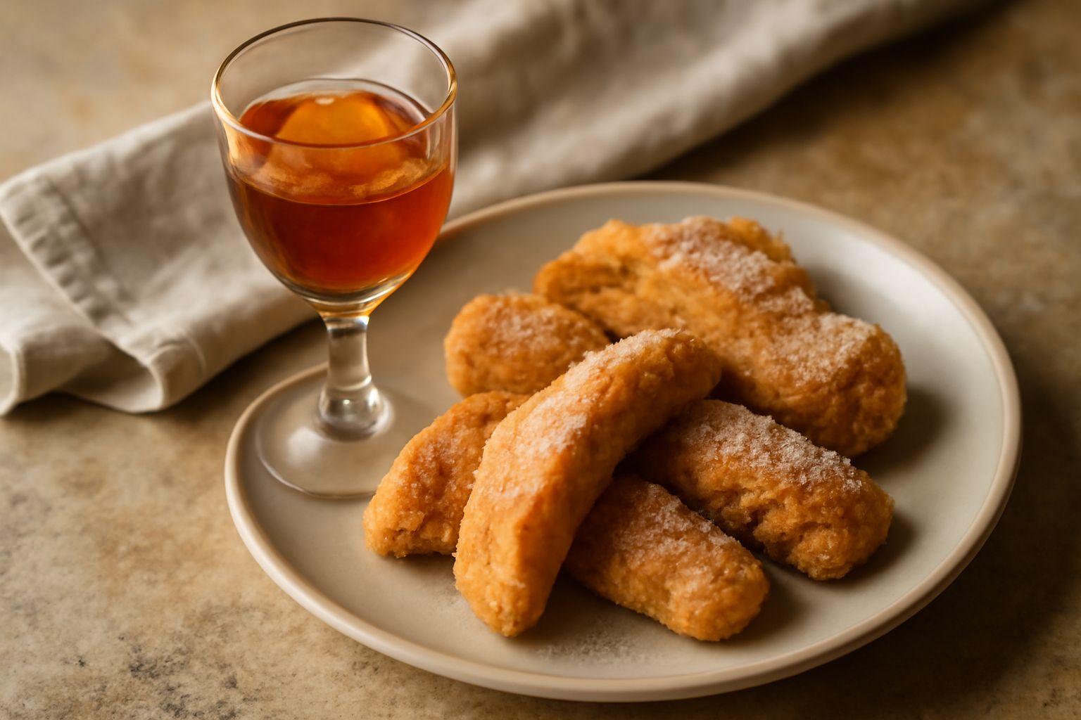 Bicchiere di cristallo con Vino Santo Trentino color ambrato trasparente, posizionato su tavolo di legno scuro, accanto a biscotti toscani e grappolo d'uva appassita