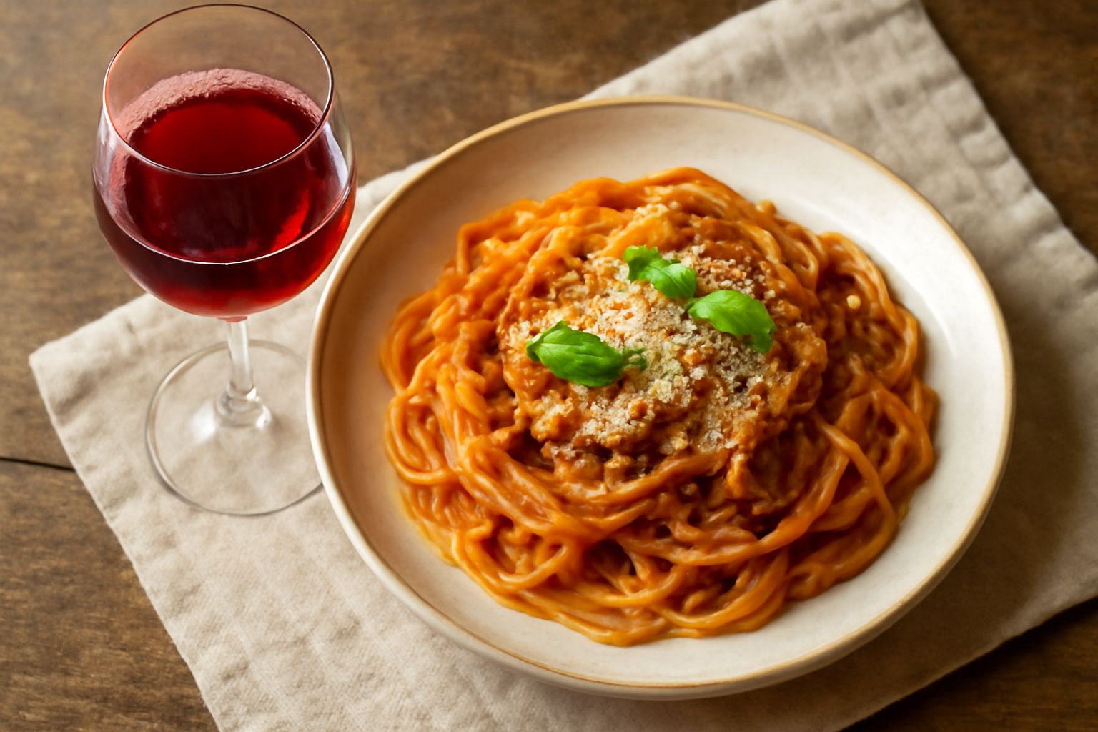 Calice di vetro trasparente con vino Schiava rosso chiaro, dalle sfumature rubino tenui, posato su superficie di legno naturale accanto a un piatto con salumi affettati e pane tostato