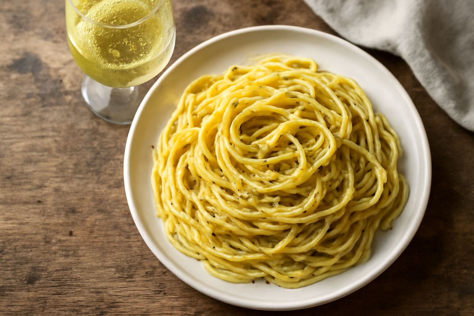 Bicchiere di vino bianco secco ragusano con riflessi gialli dorati, servito su un tavolo bianco con piatto di pesce fresco, limone e ingredienti locali sullo sfondo sfocato
