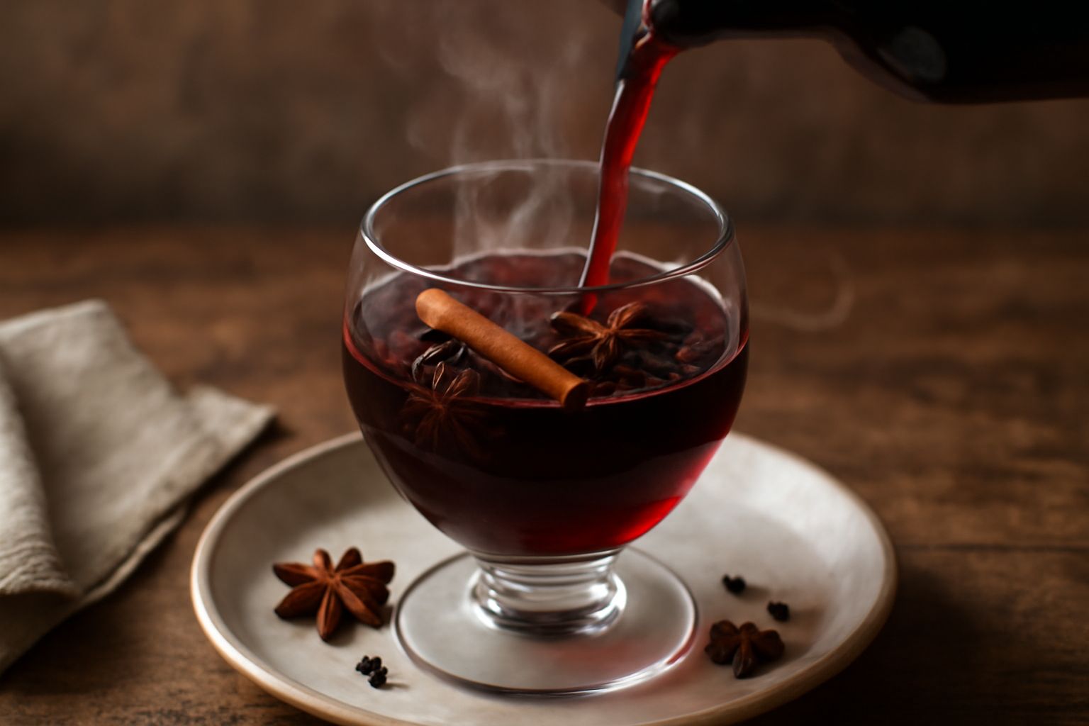Bicchiere di vetro trasparente con vino speziato rosso scuro, fumante, con una stecca di cannella e una stella di anice che galleggiano in superficie, su fondo sfocato invernale
