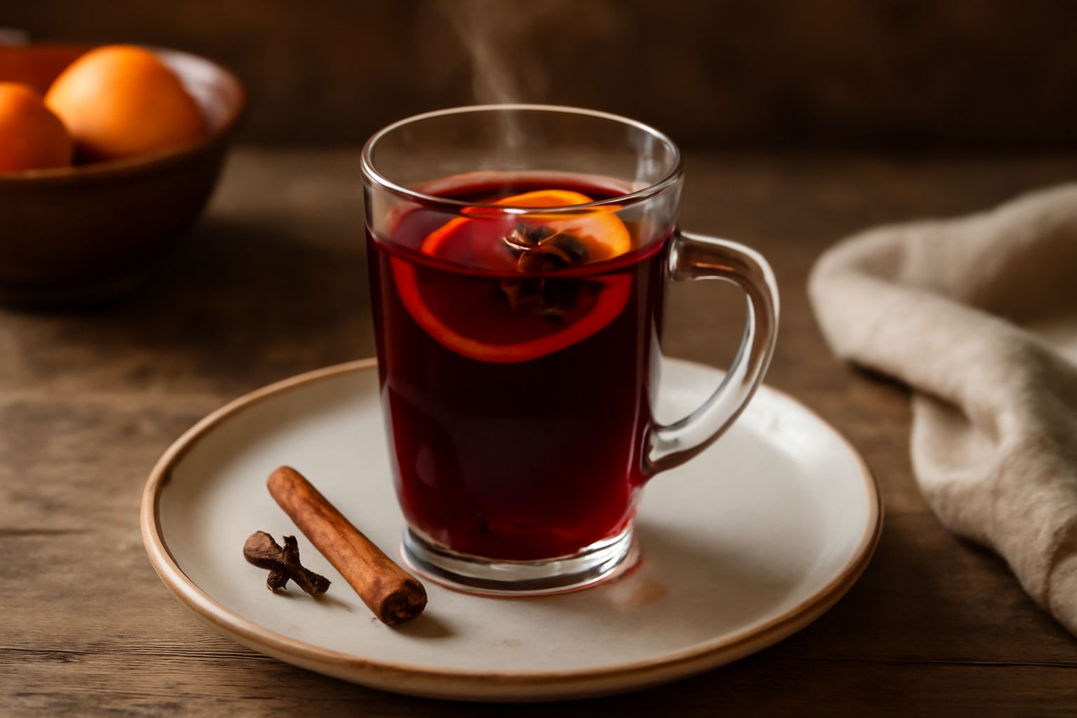 Bicchiere di vetro trasparente con vino speziato rosso intenso, stella di anice e bastoncino di cannella in primo piano, vapore caldo visibile, su tavolo di legno scuro con altre spezie sparse
