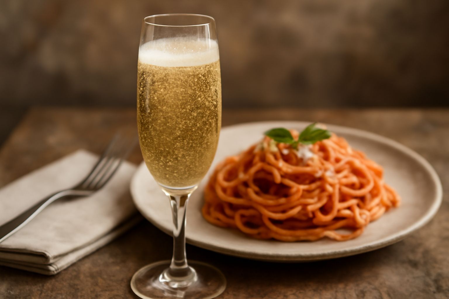 Flute di vino spumante dorato con bollicine che salgono dal fondo del bicchiere, ghiaccio in un secchiello di metallo sullo sfondo, tavolo bianco