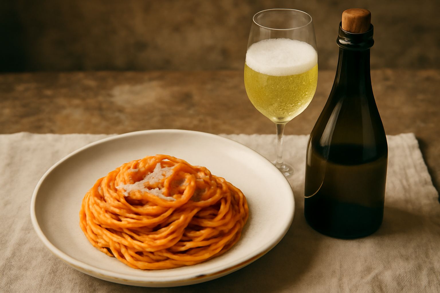 Bottiglia di vino spumante naturale con bollicine trasparenti visibili in controluce, etichetta artigianale, calice con schiuma delicata e uva bianca fresca in sottofondo su tavolo di legno rustico