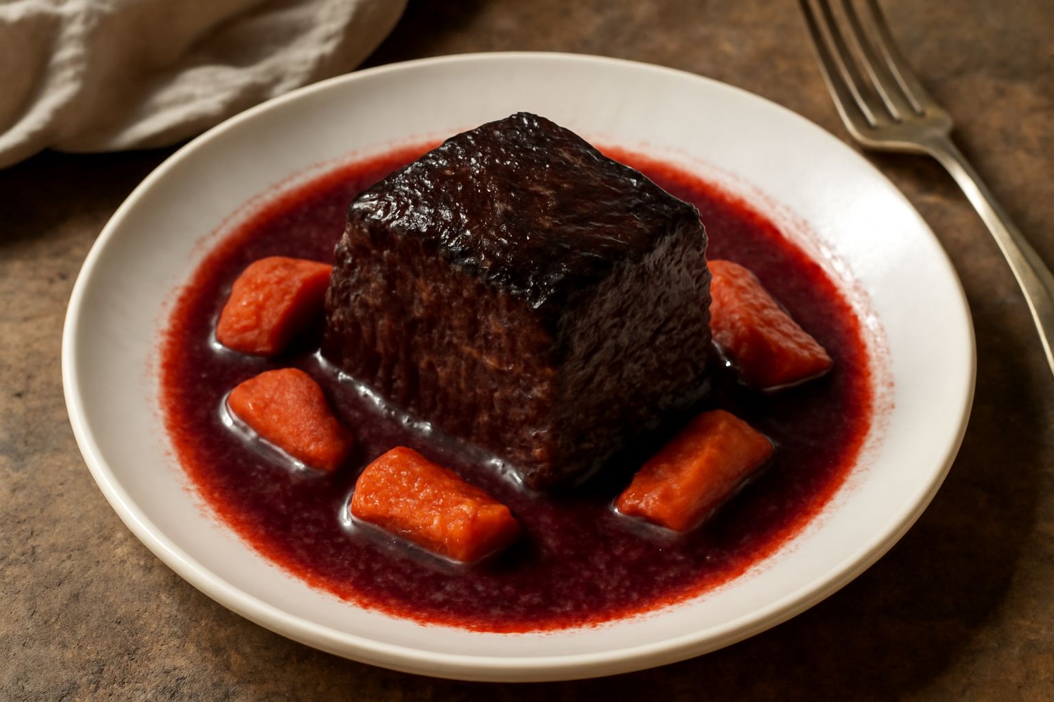 Brasato di manzo affettato nel piatto, salsa rossa scura e densa alle spalle della carne, contorno di carote e cipolle caramellate, decorato con rosmarino fresco e presentato in una ciotola bianca