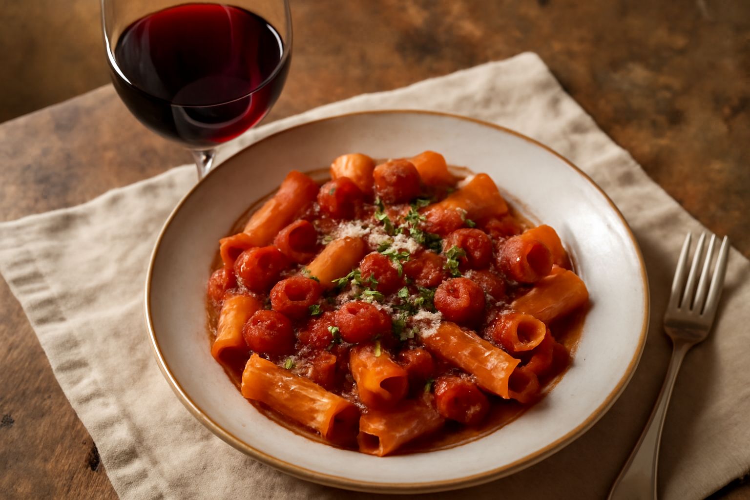 Calice di vino rosso Torrette con riflessi granati, servito accanto a un piatto di carne rossa al forno, con sottofondo di montagne innevate e pane toscano