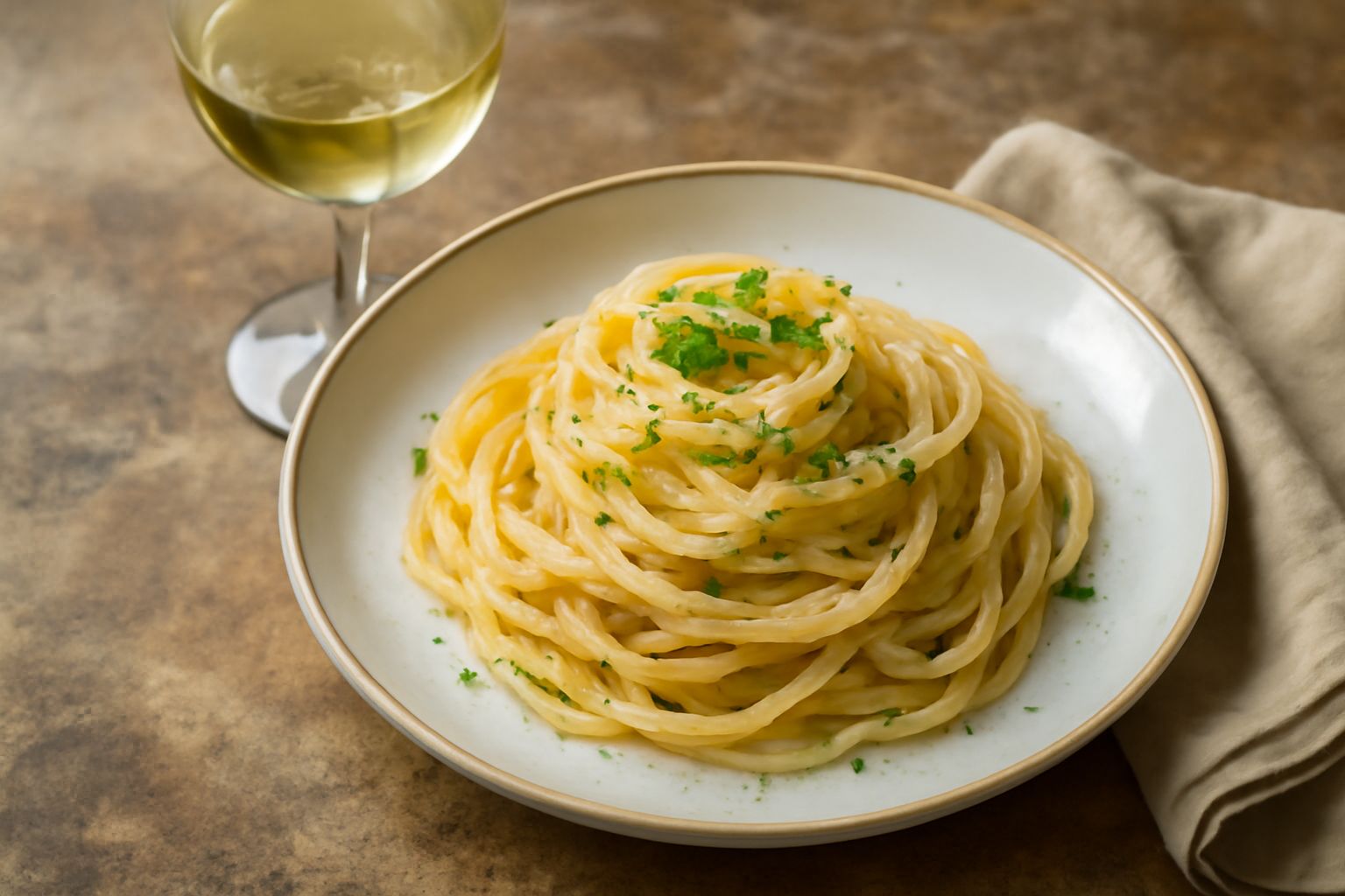 Calice di vino bianco Trebbiano d'Abruzzo trasparente e giallo paglierino, servito su tavolo di legno con piatto di pesce crudo di fronte, sfondo di colline abruzzesi