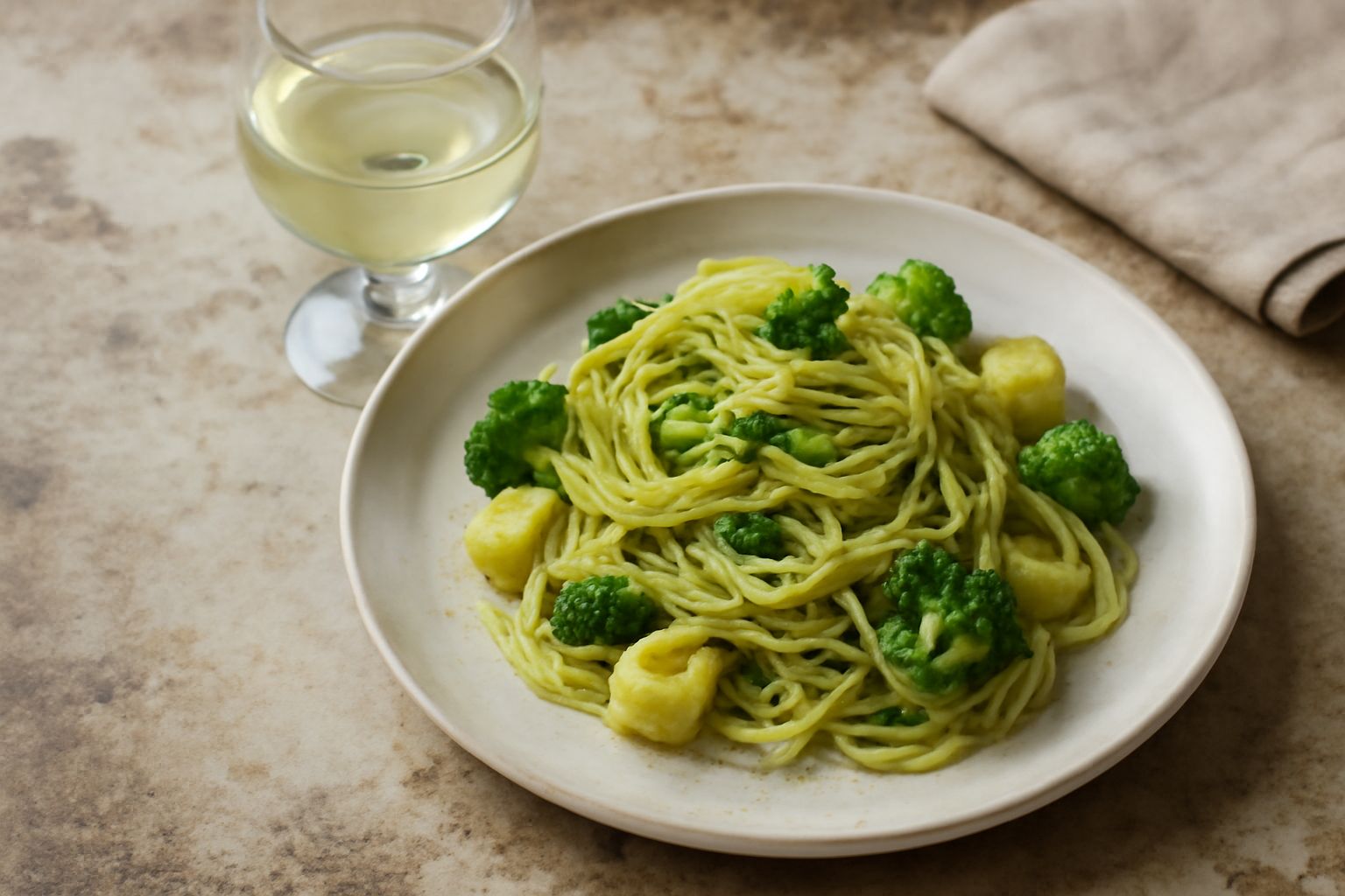 Bicchiere di vino bianco trasparente color giallo paglierino con riflessi verdognoli, calice a tulipano, sfondo di tavolo di legno scuro con piatto di pesce bianco al forno e limone affettato