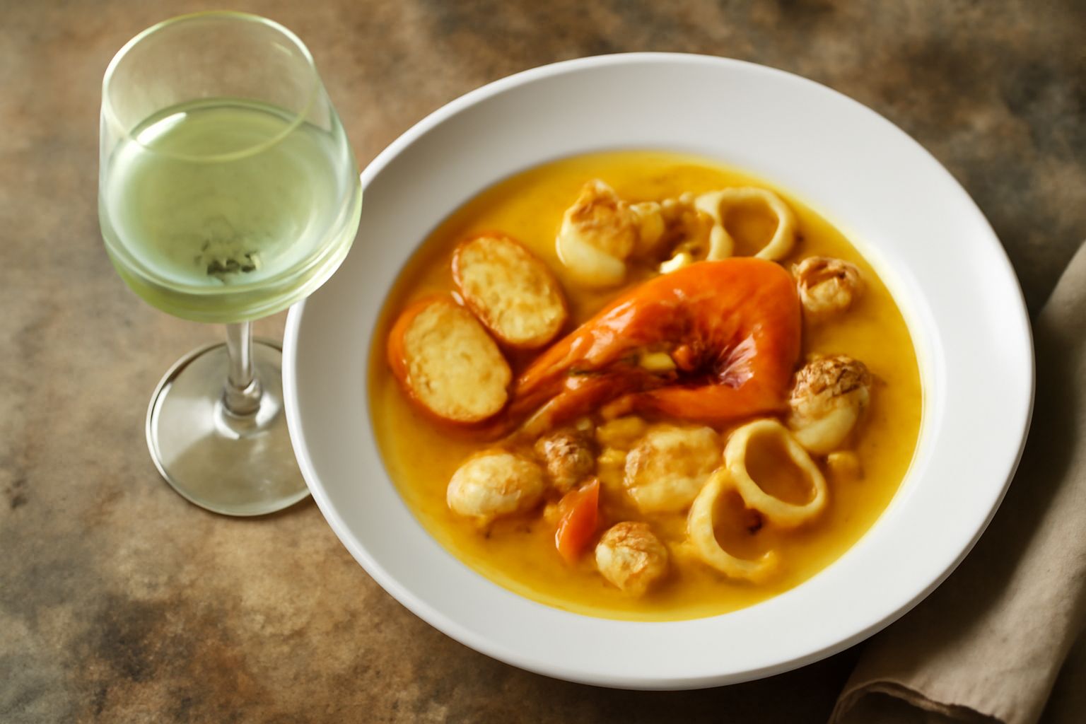 Calice di vino bianco Verdeca trasparente con riflessi gialli e verdognoli, servito freddo su tavolo di legno con sfondo di uva verde e foglie di vite