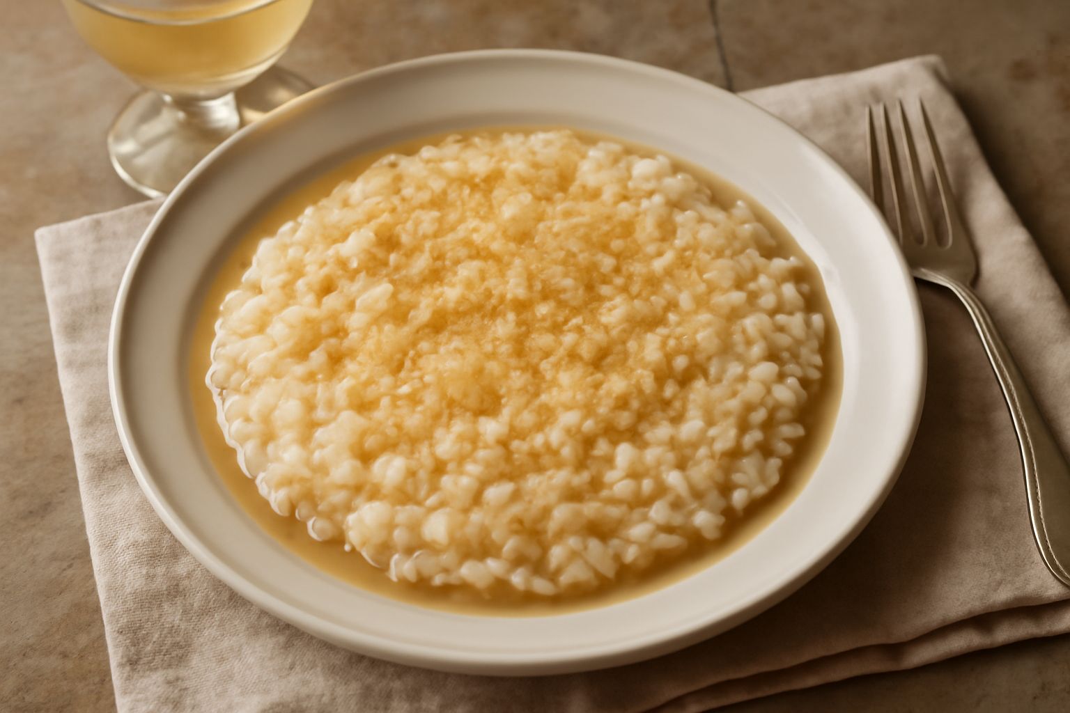 Piatto bianco con risotto cremoso color avorio, grana di parmigiano grattugiato dorato sulla superficie, un cucchiaio in acciaio posato al bordo, sottofondo sfocato con bicchiere di vino bianco paglie