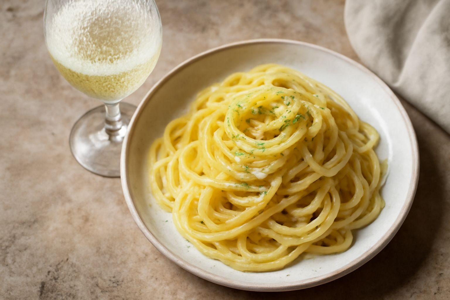 Calice di vetro trasparente con Vermentino di colore giallo paglierino, accanto a limone fresco affettato e foglie di menta, su tavolo in pietra grigia con luce naturale