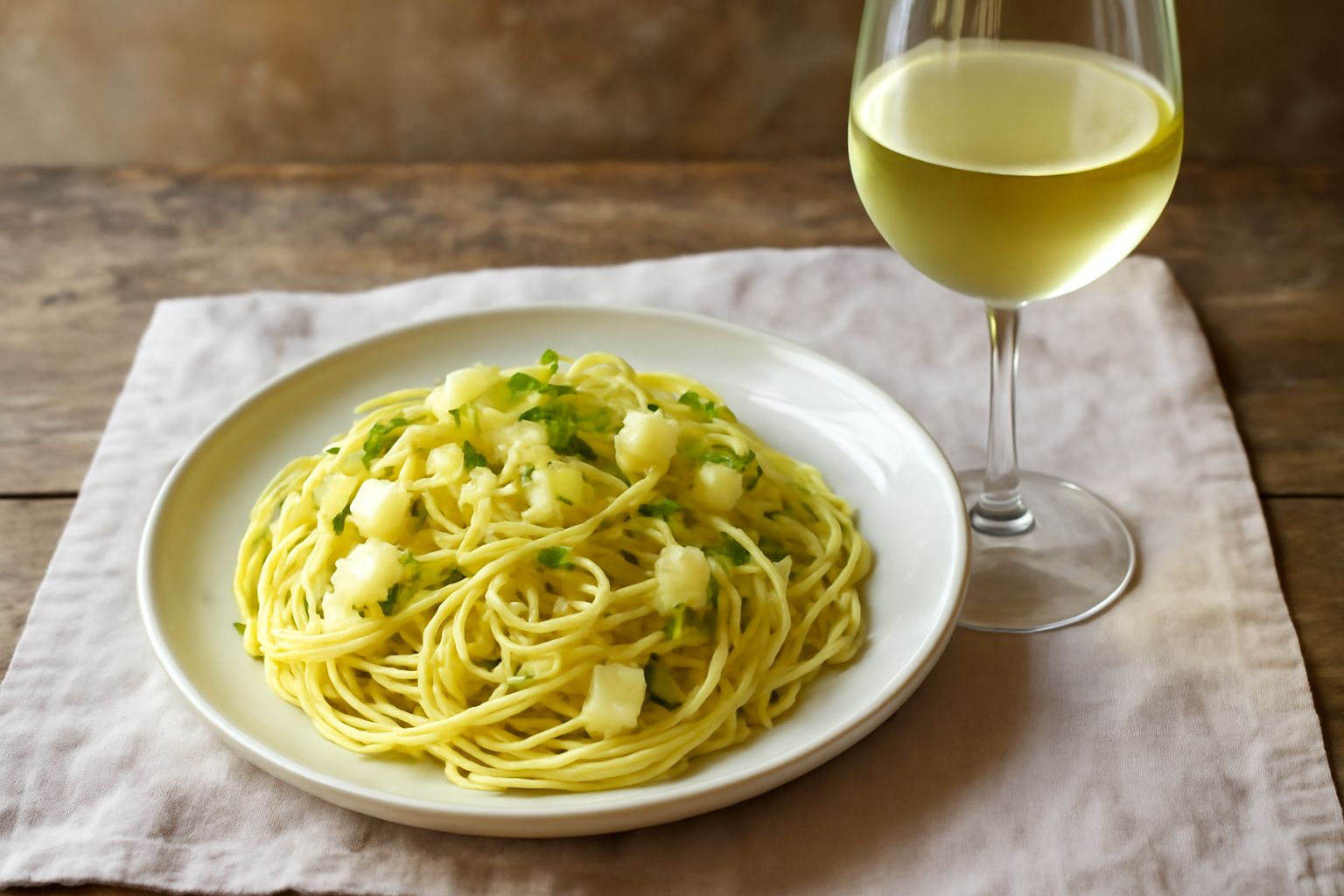 Calice di vetro con vino bianco Vernaccia di San Gimignano, dal colore giallo paglierino trasparente, accanto a una bottiglia verde scuro con etichetta bianca, su fondo di pietra grigia toscana con ul