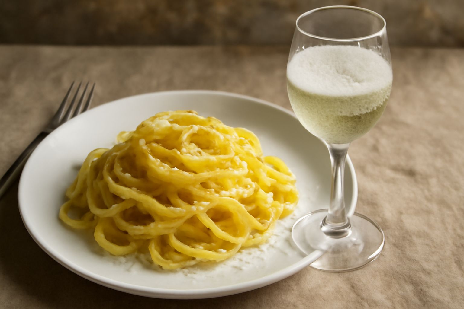 Calice di Vernaccia di Serrapetrona con bollicine fini che salgono dal fondo, liquore paglierino chiaro, posato su tavolo di legno con grappolo di uva bianca e pane toscano sullo sfondo
