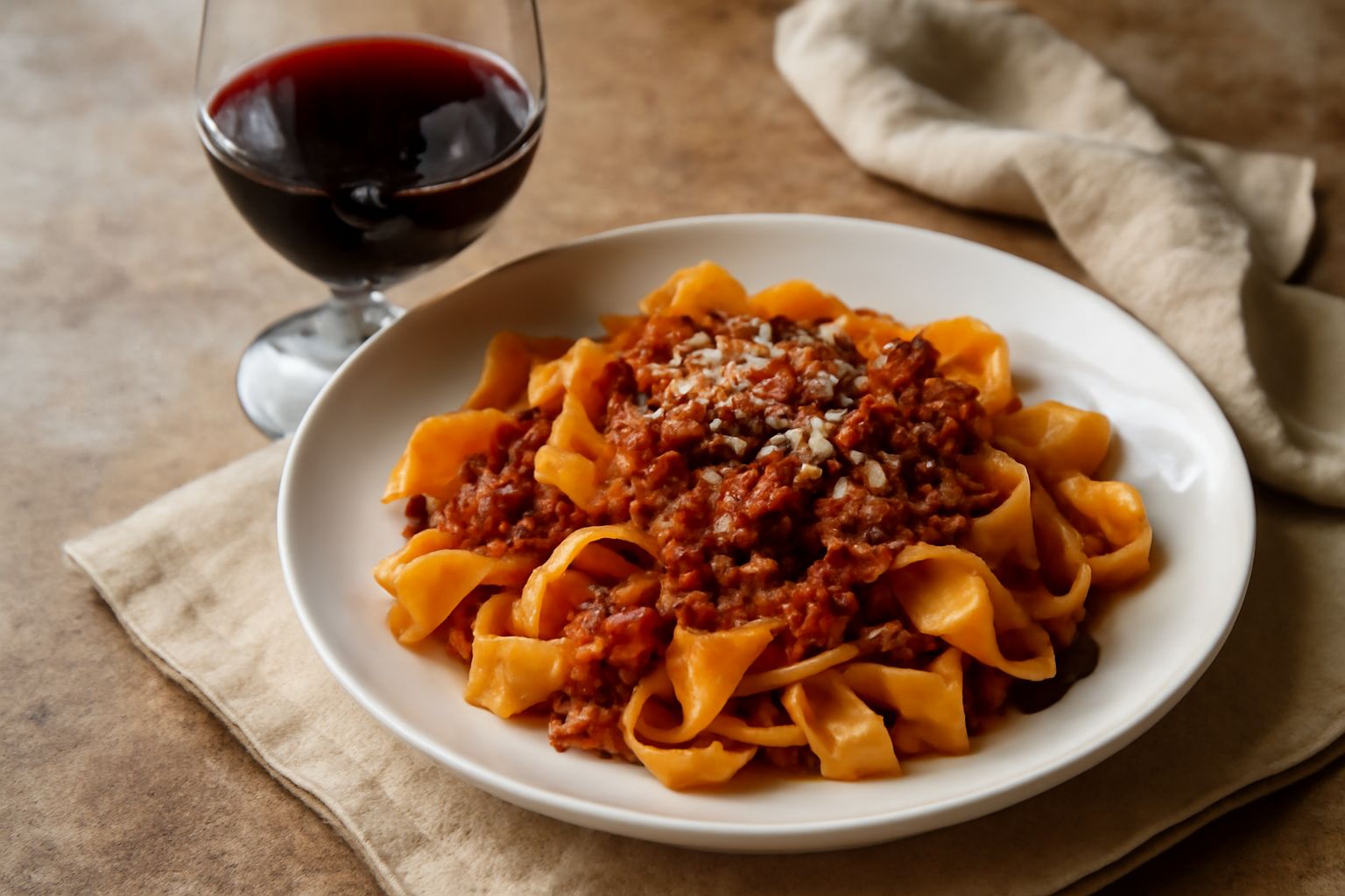 Bicchiere di vino rosso scuro con riflessi granato, contenuto in calice a tulipano trasparente, sfondo di bottiglia in vetro scuro e luce naturale calda