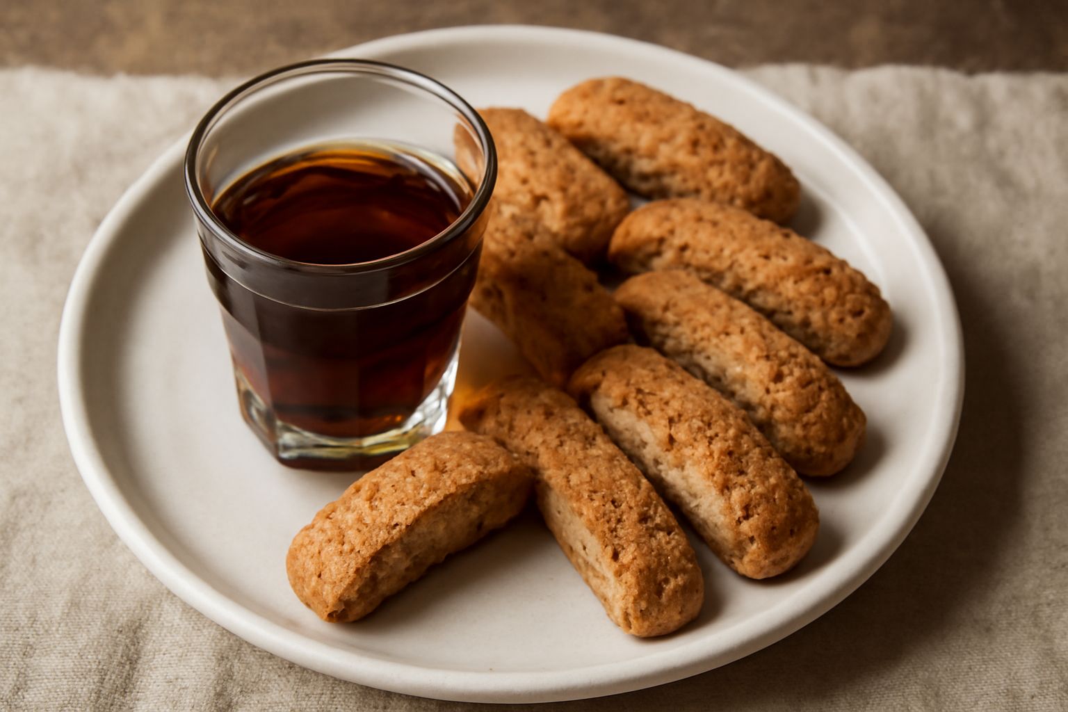 Bicchierino di Vinsanto color ambra scuro con riflessi dorati, accanto a biscotti duri secchi su piatto bianco, con bottiglia di Vinsanto sullo sfondo