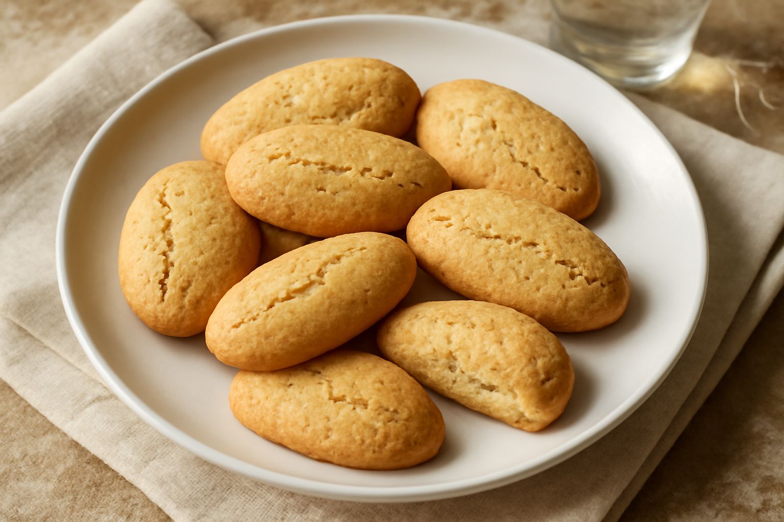 Biscotti color oro leggermente ondulati, disposti su un piatto bianco, con superficie friabile e spezzature visibili, contorno di una tazza di caffè sfocata