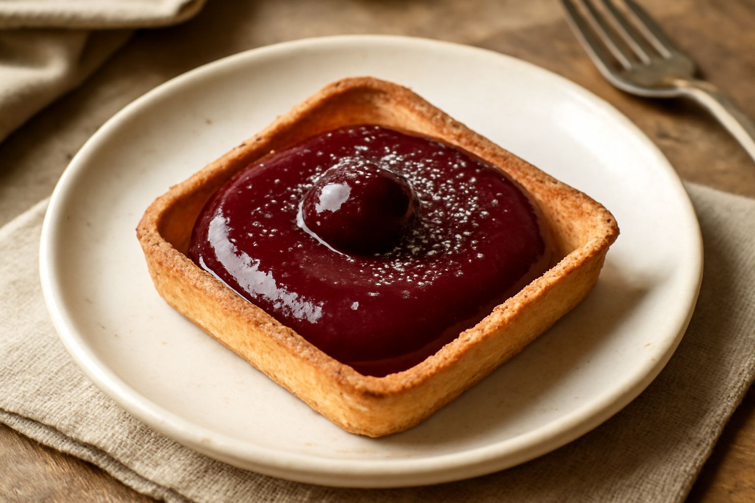 Barattolo di vetro con marmellata di visciola rosso scuro, coperchio di lino bianco, accanto visciolette fresche color amaranto su ramo con foglie verdi