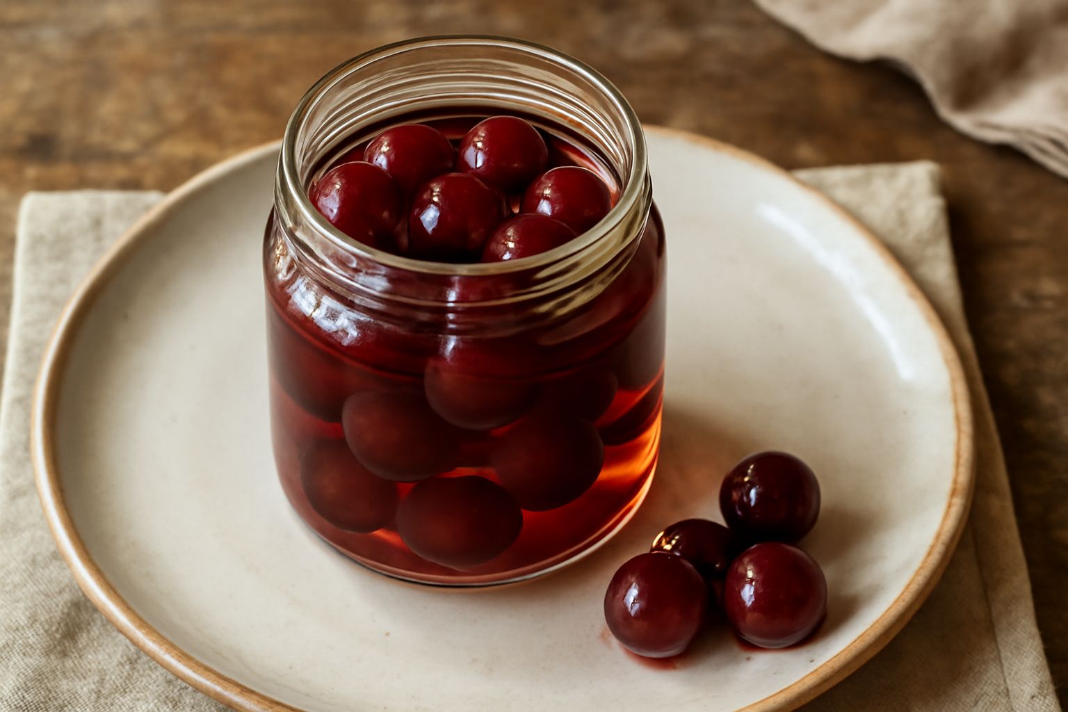 Un vasetto di vetro trasparente riempito di visciole rosse immerse in liquido trasparente, con frutta intera ben visibile e un leggero sedimento sul fondo