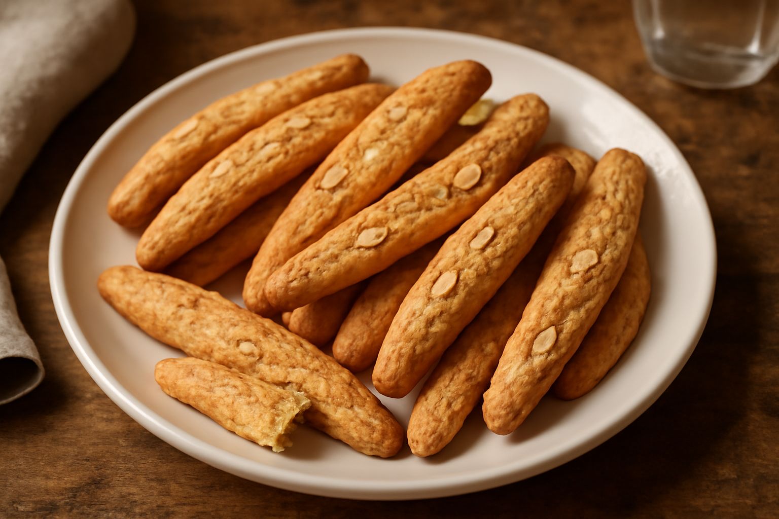 Viscotte dorate, tagliate diagonalmente, disposte in fila su una tavola di legno chiaro. I biscotti mostrano la sezione croccante con visibili frammenti di mandorla, accanto una tazza di caffè nero.