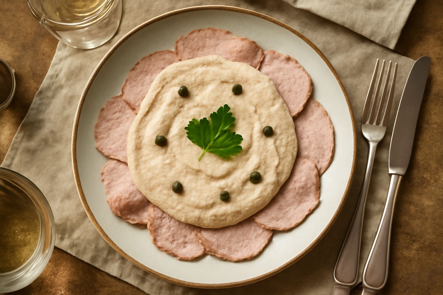 Fette di vitello bollito ricoperte di salsa tonnata bianca cremosa, guarnite con capperi verdi e acciughe, servite su piatto bianco con limone affettato a lato