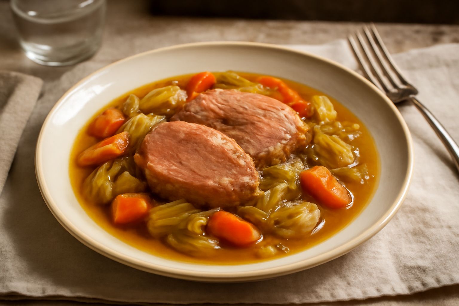 Vitella al umido in pentola di terracotta scura, carne rosata e tenera circondata da carote, sedano e cipolle, brodo ricco e dorato, vapore caldo visibile sopra il piatto