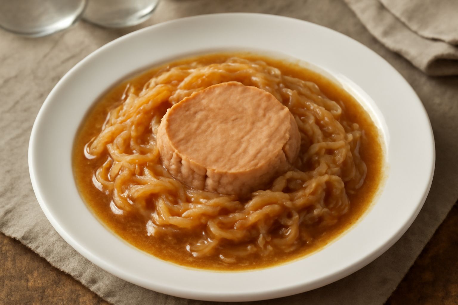 Vitello affogato nelle cipolle color ambra su un piatto bianco fondo, con il sugo denso color nocciola e fettine di cipolla trasparente intorno al pezzo di carne rosata