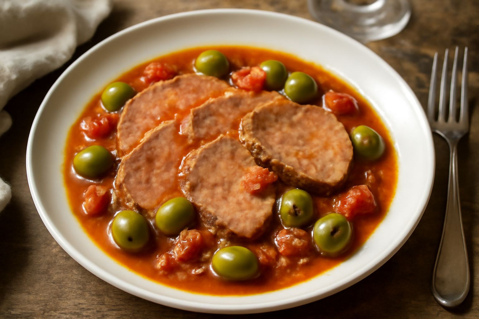 Piatto di vitello tirato con olive verdi, pomodori rossi e cipolla dorata, condito con olio, servito in un piatto bianco fondo con salsa ricca attorno alla carne