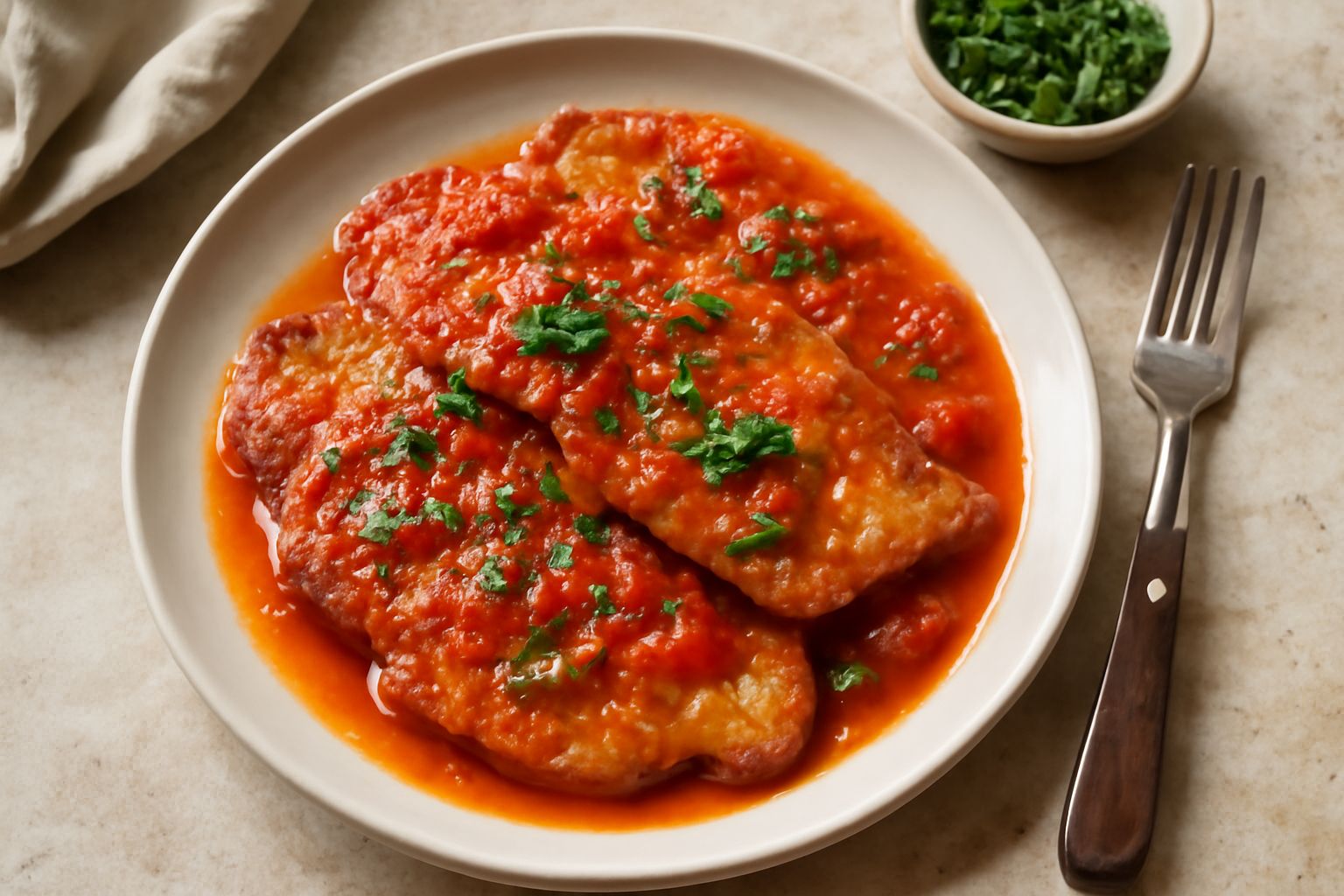 Fettine di vitello dorate e lucide in padella, ricoperte di sugo rosso di pomodoro con aglio e prezzemolo fresco, accompagnate da limone affettato sul piatto bianco
