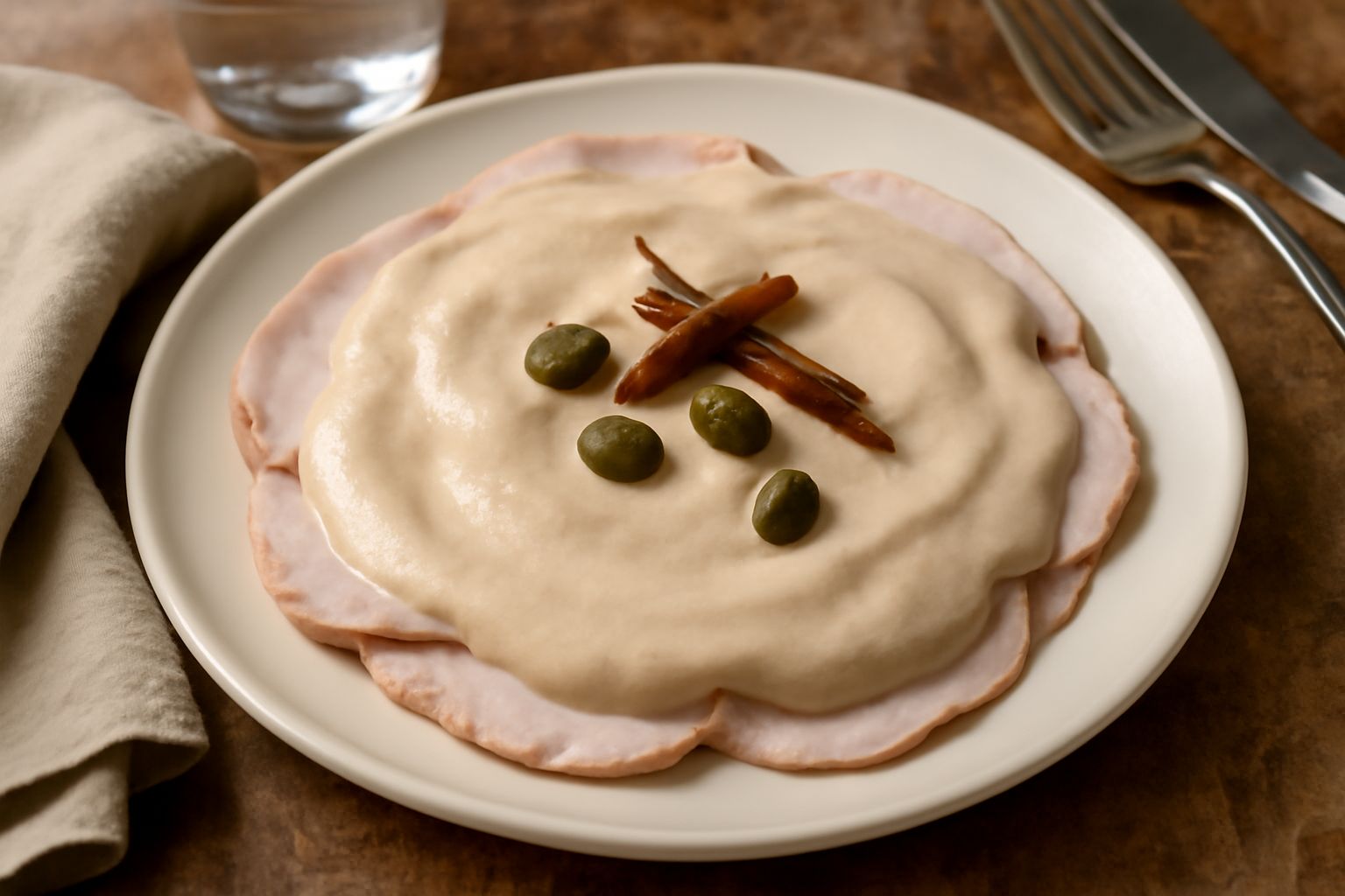 Piatto bianco con fette sottili di vitello coperte da salsa cremosa di tonno, decorate con capperi e acciughe, guarnito con limone fresco tagliato a spicchi