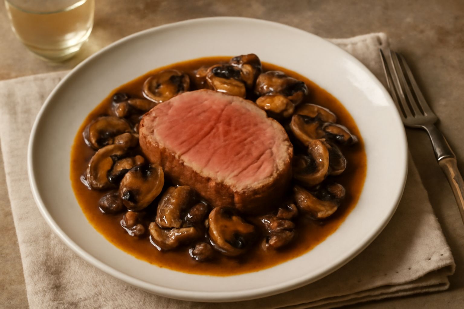 Piatto bianco con vitello cotto rosa al centro circondato da funghi marrone scuro in salsa ricca, prezzemolo fresco sopra, contorno di purè di patate cremoso