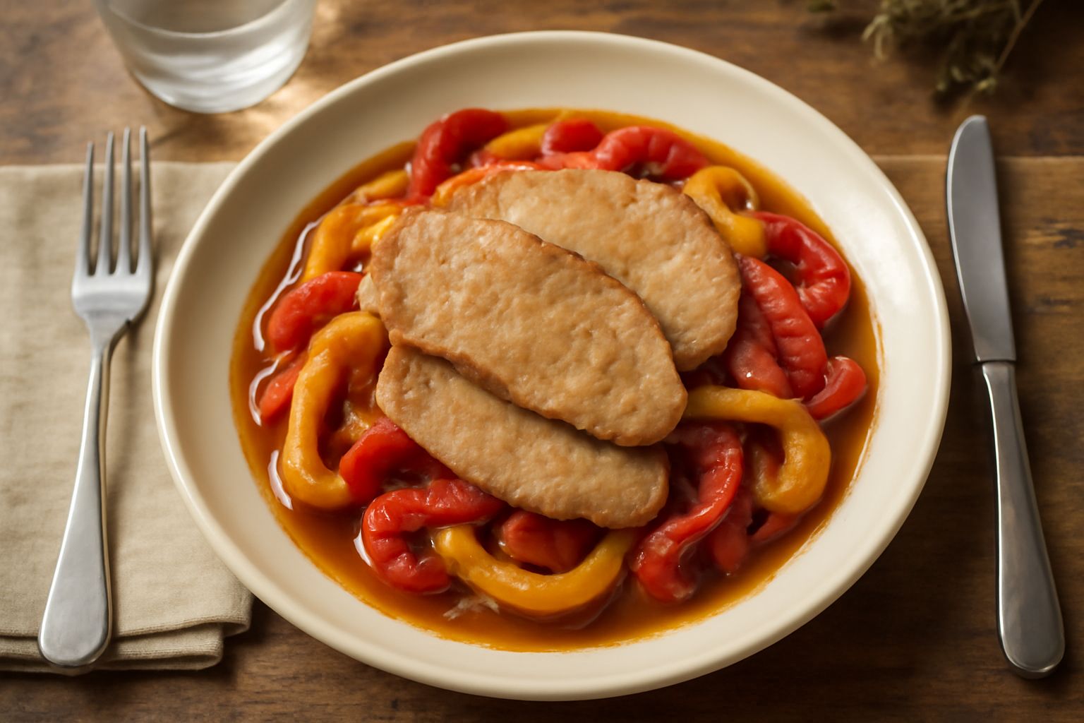 Vitello ai peperoni in un piatto bianco: fettine di carne chiara circondate da peperoni rossi, gialli e verdi cotti morbidi in sugo marrone dorato, con basilico fresco verde in cima