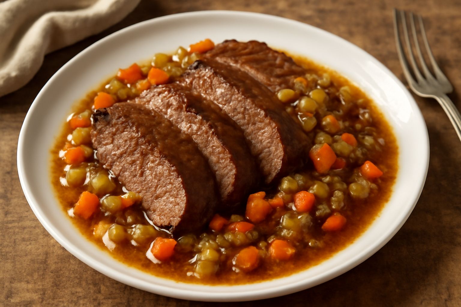 Un piatto di vitello brasato color marrone scuro, affettato, coperto da salsa agrodolce e dadini di carota, sedano e cipolla, contornato da verdure cotte, servito su piatto bianco