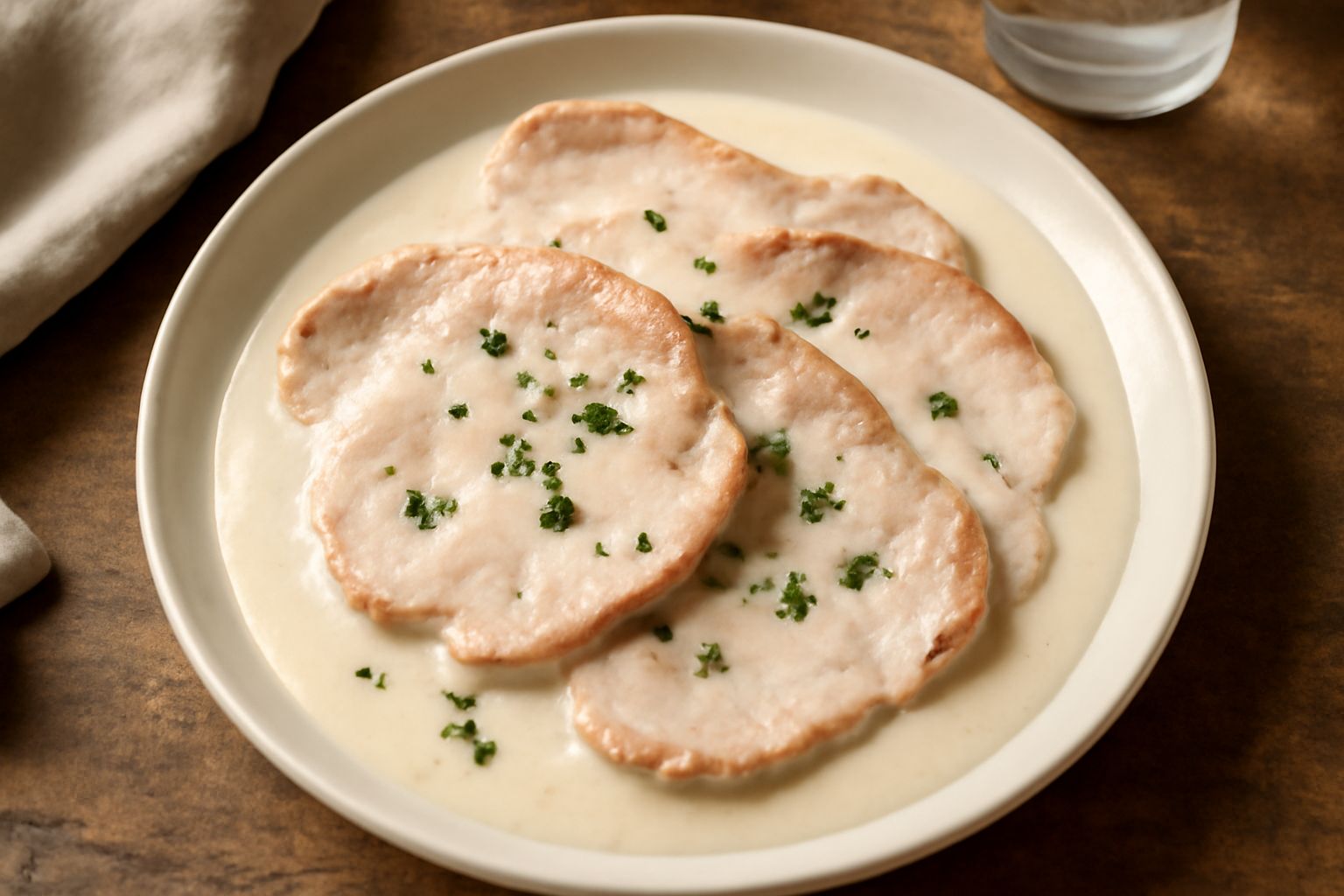 Fettine di vitello rosato-beige immerse in salsa cremosa bianca, guarnite con prezzemolo fresco tritato, servite in un piatto fondo bianco con contorno di pasta fresca o riso